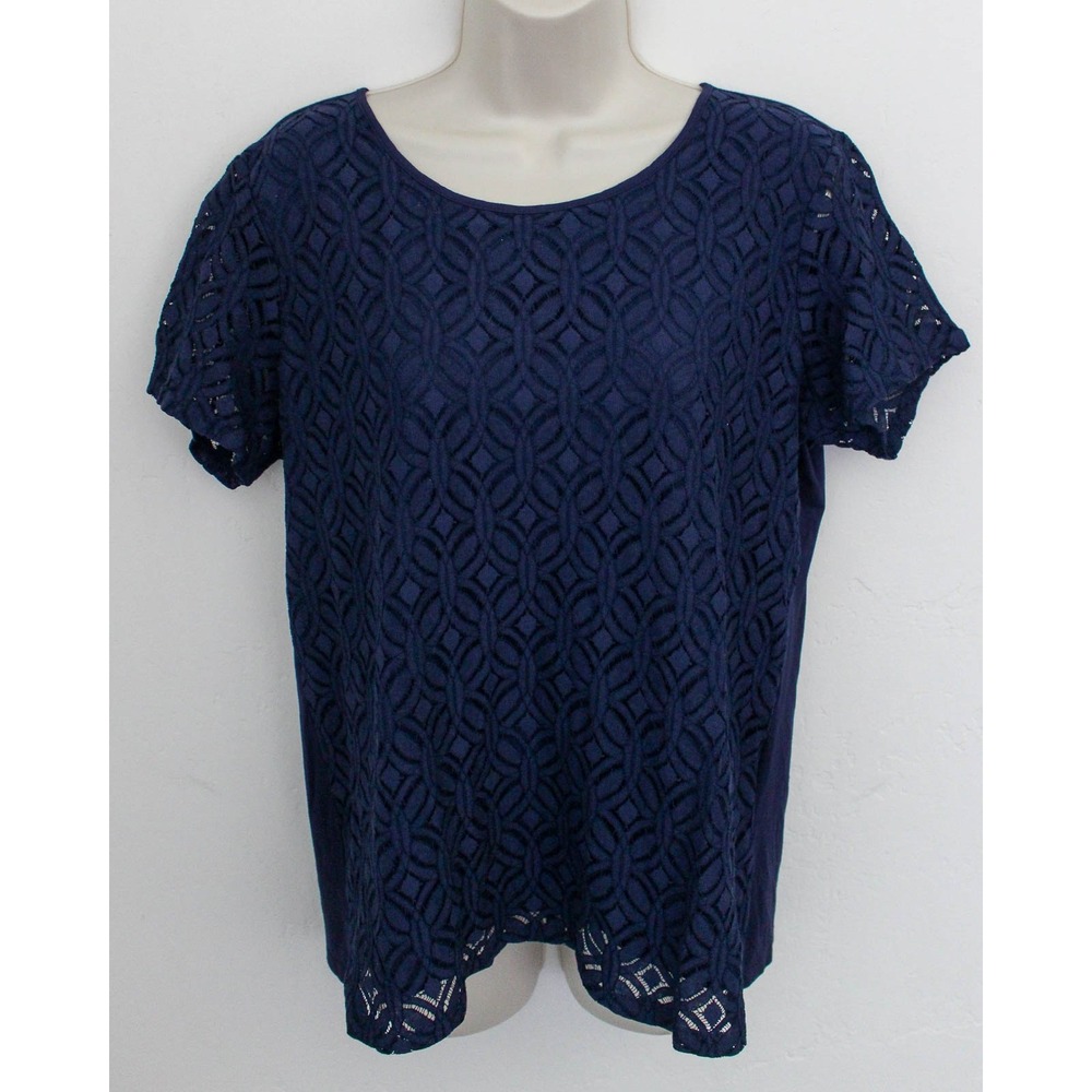 Market & Spruce Top Large Blue Pullover Crochet Eyelet Lace Overlay Short Sleeve